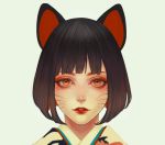  1girl animal_ears bangs black_hair blunt_bangs bob_cut commentary_request grey_background highres japanese_clothes kimono lips lipstick looking_at_viewer makeup mouse_ears murasaki_(fioletovyy) orange_eyes original parted_lips portrait red_lipstick short_hair signature simple_background solo upper_body whisker_markings 