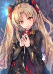  1girl :d bangs black_coat black_nails blonde_hair earrings ereshkigal_(fate/grand_order) fal_maro fate/grand_order fate_(series) hair_ribbon highres jewelry long_hair long_sleeves looking_at_viewer nail_polish open_mouth orange_eyes parted_bangs ribbon smile solo two_side_up 