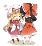  2girls bare_shoulders black_footwear black_hair blonde_hair boots bow brown_footwear chibi closed_eyes commentary_request detached_sleeves dress english from_behind full_body hair_bow hakurei_reimu hat hat_ribbon heart long_hair long_sleeves mob_cap multiple_girls outstretched_arms petticoat purple_dress red_bow red_dress red_ribbon ribbon shinoba shoes simple_background sweatdrop touhou very_long_hair white_background white_legwear wide_sleeves yakumo_yukari yuri 