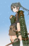  1girl blue_background boots bow_(weapon) brown_skirt camouflage cowboy_shot flight_deck from_side green_eyes green_hair hair_ribbon hand_on_own_chest holding holding_bow_(weapon) holding_weapon kantai_collection kodama_(user_rnfr3534) long_hair muneate pleated_skirt remodel_(kantai_collection) ribbon simple_background skirt solo thigh-highs thigh_boots twintails weapon zuikaku_(kantai_collection) 