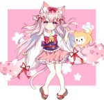  1girl animal animal_ears azur_lane bangs bell blush blush_stickers bow brown_footwear cat_ears cat_girl cat_tail closed_mouth commentary_request dog eyebrows_visible_through_hair flower frilled_skirt frills full_body hair_between_eyes hair_bow hair_flower hair_ornament hair_ribbon hand_up japanese_clothes jingle_bell jiucheng_nainai kimono kisaragi_(azur_lane) long_hair long_sleeves looking_at_viewer obi pantyhose petals pink_background pink_eyes pink_flower pink_hair pink_kimono pink_skirt red_bow red_ribbon ribbon sash short_kimono skirt sleeves_past_wrists solo tail thick_eyebrows two-tone_background two_side_up very_long_hair white_background white_legwear wide_sleeves zouri 