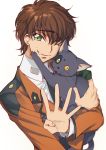  1boy arthur_(code_geass) bangs brown_hair cat code_geass collared_shirt creayus eyebrows_visible_through_hair green_eyes head_tilt holding_cat jacket kururugi_suzaku long_sleeves looking_at_viewer male_focus one_eye_closed open_hand orange_jacket shirt simple_background smile solo standing sweatdrop tears white_background white_shirt 