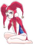  1girl bodysuit chrono_cross commentary_request gloves harlequin hat jester_cap jewelry leotard looking_at_viewer pom_pom_(clothes) red_eyes red_leotard s-a-murai solo tassel tsukuyomi_(chrono_cross) 