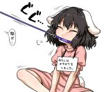  1girl :t =3 animal_ears black_hair bunny_tail closed_eyes dragging dress inaba_tewi itou_yuuji leash pet_shaming pink_dress puffy_cheeks puffy_short_sleeves puffy_sleeves rabbit_ears short_sleeves sign sign_around_neck simple_background sitting solo tail touhou translation_request white_background 