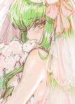 1girl bare_shoulders blush bouquet bridal_veil c.c. code_geass creayus flower green_hair long_hair looking_at_viewer solo veil yellow_eyes 