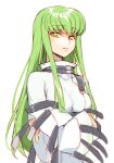  1girl bangs breast_hold breasts c.c. code_geass collarbone creayus crossed_arms eyebrows_visible_through_hair fringe green_hair high_collar long_hair long_sleeves looking_at_viewer medium_breasts parted_lips robe shiny shiny_hair sidelocks simple_background sketch smile straight_hair upper_body very_long_hair white_background wide_sleeves yellow_eyes 