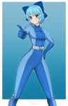 &gt;:) 1girl alina_pegova blue_hair bodysuit bow cirno crossover grin hair_bow hand_on_hip index_finger_raised latex skin_tight smile solo teeth totally_spies touhou v watermark web_address 