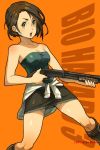  1girl bad_id bare_shoulders brown_hair gun jill_valentine nessie nessie_(kska) pencil_skirt resident_evil resident_evil_3 short_hair shotgun skirt solo weapon 