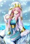  1girl artist_name blue_eyes breasts earrings eeryuu_(2004107) fire_emblem fire_emblem_heroes flower fur_trim gem gunnthra_(fire_emblem) hat highres horse ice jewelry large_breasts long_hair low_twintails pink_hair sitting snow snowing solo twintails veil 