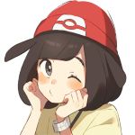  1girl bangs beanie blush brown_eyes brown_hair closed_mouth hands_on_own_cheeks hands_on_own_face hands_up hat head_tilt mizuki_(pokemon_sm) one_eye_closed pokemon pokemon_(game) pokemon_sm pouty_lips red_hat shirt short_hair simple_background solo swept_bangs tareme unapoppo upper_body white_background wristband yellow_shirt 
