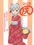  1girl 2018 :d alternate_costume animal_ears bag cato_(monocatienus) commentary_request grey_hair inubashiri_momiji japanese_clothes kimono looking_at_viewer new_year obi open_mouth red_eyes sash short_hair smile solo striped tail touhou translated vertical-striped_background vertical_stripes wolf_ears wolf_tail 
