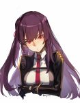  1girl bangs black_gloves blazer blunt_bangs blush breasts buckle chocolate_hair closed_mouth collared_shirt crossed_arms eyebrows_visible_through_hair framed_breasts girls_frontline gloves hair_ribbon half_updo head_tilt jacket large_breasts long_hair long_sleeves looking_at_viewer necktie olys one_side_up purple_hair red_eyes red_neckwear red_ribbon ribbon shirt side_ponytail sidelocks simple_background solo standing strap tsundere tsurime twitter_username very_long_hair wa2000_(girls_frontline) white_background white_shirt 
