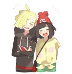  1boy 1girl :d ^_^ ^o^ ahoge arms_behind_back bag beanie black_hair blonde_hair blush closed_eyes crossed_arms drawing floral_print gladio_(pokemon) green_shorts hair_over_one_eye handbag happy hat hood hood_down hoodie long_sleeves mizuki_(pokemon_sm) open_mouth pokemon pokemon_(game) pokemon_sm print_shirt red_hat shirt short_hair short_sleeves shorts shoulder_bag simple_background smile tied_shirt torn_clothes unapoppo upper_body white_background yellow_shirt 