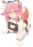  1girl absurdres animal_ears ballpoint_pen_(medium) bell bell_choker bell_collar black_bra black_panties blush bow bra breasts cat_cutout cat_ear_panties cat_ears cat_lingerie choker cleavage cleavage_cutout collar collarbone fate/extra fate/grand_order fate_(series) fox_ears fox_tail graphite_(medium) hair_bow hair_ribbon heart highres jingle_bell kata_(ehdquf12) large_breasts looking_at_viewer looking_up mechanical_pencil meme_attire nail_polish panties pencil pink_hair ribbon side-tie_panties simple_background solo tail tamamo_(fate)_(all) tamamo_no_mae_(fate) tongue tongue_out traditional_media underwear underwear_only white_background yellow_eyes 