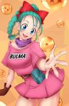  1girl :d alina_pegova blue_eyes blue_hair braid bulma dragon_ball dragon_ball_(object) open_mouth ponytail pouch smile solo 