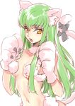  1girl :o alternate_costume animal_ears bangs bare_shoulders black_ribbon blush breasts c.c. cat_ears cat_tail cleavage code_geass creayus detached_collar eyebrows_visible_through_hair fur_collar gloves green_hair hands_up kemonomimi_mode long_hair looking_at_viewer medium_breasts navel open_mouth paw_gloves paws pink_gloves revealing_clothes ribbon simple_background sketch solo stomach tail tail_ribbon upper_body very_long_hair white_background yellow_eyes 