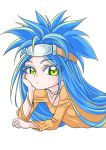  1girl big_hair blue_hair bracelet breasts chrono_trigger commentary_request green_eyes jewelry long_hair queen_zeal s-a-murai solo younger 