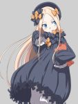  1girl abigail_williams_(fate/grand_order) bangs black_bow black_dress black_hat blonde_hair bloomers blue_eyes blush bow butterfly commentary_request dress fate/grand_order fate_(series) forehead grey_background hair_bow hat head_tilt highres long_hair long_sleeves looking_away looking_to_the_side object_hug orange_bow parted_bangs parted_lips pitecube simple_background sleeves_past_fingers sleeves_past_wrists solo stuffed_animal stuffed_toy teddy_bear underwear very_long_hair white_bloomers 