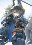  1girl :d animal_ear_fluff animal_ears arknights arm_up armored_boots bangs black_jacket black_pants blush boots brown_shirt collared_shirt commentary_request dress_shirt gloves grani_(arknights) grey_gloves grey_hair hair_between_eyes highres holding holding_weapon jacket knee_boots long_hair looking_at_viewer mg42cat-k1ng open_clothes open_jacket pants ponytail shirt smile solo teeth upper_teeth violet_eyes weapon 