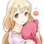  1girl bangs blonde_hair closed_mouth crossed_arms eyebrows facing_away food fronttire frown fruit futaba_anzu idolmaster idolmaster_cinderella_girls long_hair looking_away looking_to_the_side low_twintails lowres orange_eyes oversized_clothes oversized_shirt peach pink_shirt portrait shirt short_sleeves simple_background solo stuffed_animal stuffed_bunny stuffed_toy stuffing t-shirt tareme twintails white_background 
