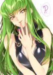  1girl :p bangs bare_arms bare_shoulders between_breasts black_dress black_vest blush breasts c.c. cleavage closed_mouth code_geass collarbone creayus dress eyebrows_visible_through_hair finger_to_mouth fingernails fringe green_hair hand_between_breasts long_hair looking_at_viewer medium_breasts shiny shiny_hair sidelocks simple_background sleeveless smile speech_bubble straight_hair tongue tongue_out tsurime uniform upper_body vest white_background yellow_eyes 