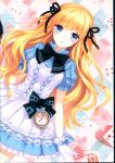  1girl absurdres ace_of_diamonds alice_(wonderland) alice_(wonderland)_(cosplay) alice_in_wonderland artist_name bangs blonde_hair blue_bow blue_dress blue_eyes blush bow bowtie card checkered checkered_background cosplay diamond_(shape) dress dutch_angle eyebrows_visible_through_hair gloves heart highres huge_filesize long_hair looking_at_viewer nardack original page_number parted_lips playing_card pocket_watch puffy_short_sleeves puffy_sleeves scan short_dress short_sleeves solo very_long_hair watch white_gloves wrist_bow 