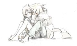  00s 1boy 1girl barefoot blush comforting feet hug hug_from_behind maka_albarn niwa shy sketch soul_eater soul_eater_(character) 