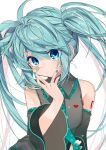  1girl absurdres aqua_hair bandaid bandaid_on_face bare_shoulders blue_eyes blue_nails blue_neckwear commentary detached_sleeves gotoh510 hatsune_miku heart highres looking_at_viewer messy_hair nail_polish necktie parted_lips shirt sleeveless sleeveless_shirt solo twintails upper_body vocaloid 