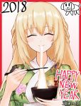  1girl 2018 blonde_hair braid chopsticks closed_eyes eating floral_print food french_braid happy_new_year japanese_clothes kimono looking_at_viewer neptune_(series) new_year shimontaru smile solo vert 