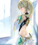  1girl alternate_hairstyle armor ass blonde_hair breasts cleavage dress gloves highres mythra_(xenoblade) hinot indoors jewelry large_breasts long_hair looking_to_the_side ponytail smile solo sunlight tiara xenoblade xenoblade_2 yellow_eyes 