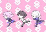  1girl 2boys armor armored_boots armored_dress black_hair blue_eyes boots chaldea_uniform chibi command_spell fate/grand_order fate_(series) fujimaru_ritsuka_(male) galahad_(fate) hair_over_one_eye lavender_hair mash_kyrielight multiple_boys parody patterned_background pink_background running simple_background smooooch sword violet_eyes weapon white_hair yellow_eyes 