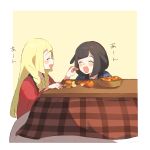  2girls :d ^_^ ^o^ alternate_costume basket black_hair blonde_hair blush braid closed_eyes feeding food from_side fruit happi highres holding holding_food japanese_clothes kotatsu lillie_(pokemon) long_hair long_sleeves mandarin_orange mizuki_(pokemon_sm) multiple_girls no_hat no_headwear open_mouth orange pokemon pokemon_(game) pokemon_sm profile short_hair simple_background sitting smile table translation_request twin_braids two-tone_background unapoppo under_kotatsu under_table upper_body yellow_background 