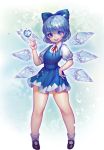  1girl absurdres bangs bare_legs black_footwear blue_bow blue_dress blue_eyes blue_hair bow cirno dress full_body hand_on_hip hand_up highres ice ice_wings index_finger_raised looking_at_viewer mary_janes neck_ribbon puffy_short_sleeves puffy_sleeves ribbon shasha shoes short_dress short_hair short_sleeves smile socks solo standing touhou white_legwear wings 