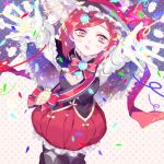  1girl alternate_costume bow cape card dangan_ronpa gloves hair_ornament hairclip hat highres looking_at_viewer new_dangan_ronpa_v3 open_mouth redhead short_hair skirt solo white_gloves witch_hat yumeno_himiko 