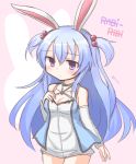  1girl animal_ears bare_shoulders blue_hair blush bow closed_mouth commentary copyright_name cowboy_shot detached_sleeves dress expressionless frr_(akf-hs) hair_bobbles hair_ornament hand_on_own_chest highres long_hair noah_(rabi_ribi) pink_bow rabbit_ears rabi-ribi simple_background sketch solo two_side_up very_long_hair violet_eyes 