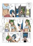  3girls blonde_hair blue_eyes blue_hair blush bouncing_breasts breast_envy breast_grab breasts changing_room cleavage comic commentary_request dark_skin grabbing green_eyes green_hair groping hair_down hands_on_own_chest highres lillie_(pokemon) locker mallow_(pokemon) medium_breasts multiple_girls navel one-piece_swimsuit pokemon pokemon_(anime) pokemon_(game) pokemon_sm pokemon_sm_(anime) small_breasts solitaire_jand speech_bubble sports_bra suiren_(pokemon) swimsuit text translation_request undressing yuri 