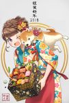  1girl 2018 blue_legwear blush braid brown_hair caviar commentary_request fingernails fish floral_print flower food food_request grey_background hair_flower hair_ornament highres holding looking_at_viewer nengajou new_year obentou one_eye_closed original pink_flower red_apron red_flower shiba_inu simple_background solo standing sweatdrop translated yellow_flower yuko666 