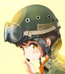  1girl brown_eyes brown_hair goggles helmet m_tap solo yellow_background 