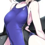  1girl artoria_pendragon_(all) bare_arms bare_shoulders black_choker blonde_hair blue_swimsuit breasts choker collarbone commentary_request competition_swimsuit contrapposto fate/stay_night fate_(series) harukon_(halcon) head_out_of_frame highres medium_breasts one-piece_swimsuit pale_skin saber_alter short_hair solo standing swimsuit upper_body 