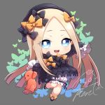  1girl :d abigail_williams_(fate/grand_order) arm_up bangs black_bow black_dress black_footwear black_hat blonde_hair bloomers blue_eyes bow butterfly chibi commentary_request dress fate/grand_order fate_(series) forehead full_body grey_background hair_bow hat long_hair long_sleeves looking_at_viewer mary_janes open_mouth orange_bow parted_bangs polka_dot polka_dot_bow shoes signature sleeves_past_wrists smile solo standing standing_on_one_leg stuffed_animal stuffed_toy takamiya_ren teddy_bear underwear upper_teeth very_long_hair white_bloomers 