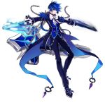  1boy black_coat black_footwear black_gloves black_pants blue_eyes blue_hair blue_shirt bow chains ciel_(elsword) closed_mouth cross cross_earrings dual_wielding earrings elsword full_body gloves gun holding holding_gun holding_weapon hwansang jewelry long_hair looking_at_viewer male_focus official_art pants pointy_ears ponytail royal_guard_(elsword) serious shirt shoes solo standing weapon white_bow 