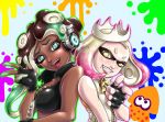  +_+ 2girls alvares bare_arms bare_shoulders blonde_hair breasts brown_hair cephalopod_eyes cleavage crop_top cropped_vest crown dark_skin domino_mask eyelashes fang fingerless_gloves gloves graphite_(medium) green_eyes green_hair green_skin grin hand_up headphones high_collar highres hime_(splatoon) iida_(splatoon) leather leather_gloves leather_vest lips long_hair looking_at_viewer mask mechanical_pencil medium_hair mole mole_under_mouth multicolored multicolored_hair multicolored_skin multiple_girls octarian open_mouth paint_splatter pencil pink_hair pink_pupils pointing pointing_at_viewer shiny shiny_clothes shiny_hair sleeveless smile splatoon splatoon_2 squid suction_cups symbol-shaped_pupils tentacle_hair traditional_media unzipped upper_body vest yellow_eyes yellow_pupils zipper zipper_pull_tab 