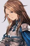  1girl armor bangs blue_cape boobplate breastplate brown_eyes brown_hair cape closed_mouth copyright_request earrings gauntlets grey_background hankuri jewelry long_hair looking_at_viewer simple_background smile solo upper_body 