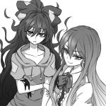  2girls antinomy_of_common_flowers bow collarbone commentary_request greyscale hair_bow hinanawi_tenshi hood hoodie looking_at_viewer miata_(miata8674) monochrome multiple_girls neck_bow no_hat no_headwear parted_lips puffy_short_sleeves puffy_sleeves short_sleeves smile touhou yorigami_shion 