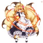  1girl :o alternate_costume animal_ears artist_name black_footwear blonde_hair blush breasts dated elbow_gloves enmaided fire flower fox_ears fox_tail frills full_body gloves hair_flower hair_ornament kayou_(sennen_sensou_aigis) large_breasts long_hair looking_at_viewer maid multiple_tails outstretched_arm pink_eyes playjoe2005 puffy_short_sleeves puffy_sleeves sennen_sensou_aigis shoes short_sleeves simple_background skirt_hold solo tail white_background white_gloves white_legwear 