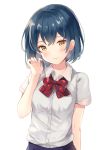  1girl alternate_hair_length alternate_hairstyle bangs blue_hair blush closed_mouth hair_between_eyes hair_twirling hitsukuya love_live! love_live!_school_idol_project otonokizaka_school_uniform red_neckwear school_uniform short_hair short_sleeves simple_background solo sonoda_umi striped_neckwear white_background yellow_eyes 