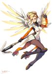  1girl black_footwear blonde_hair blue_eyes bodysuit boots breasts brown_legwear closed_mouth full_body hand_up high_heel_boots high_heels highres holding holding_weapon impossible_bodysuit impossible_clothes knee_boots kotatsu_(g-rough) looking_at_viewer mechanical_wings medium_breasts mercy_(overwatch) overwatch pantyhose ponytail purple_pupils simple_background smile solo staff waist_cape weapon white_background white_bodysuit wings 