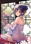 1girl absurdres ahoge ass bare_shoulders barefoot black_hair blurry breasts brown_eyes butterfly china_dress chinese_clothes commentary_request cover cover_page depth_of_field detached_sleeves double_bun doujin_cover dress eyebrows_visible_through_hair flower from_behind hair_between_eyes hair_ribbon halterneck highres indoors large_breasts looking_at_viewer looking_back original paid_reward petals ribbon see-through shoulder_blades sitting solo sousouman strapless strapless_dress tears thigh-highs toeless_legwear wet wet_clothes wet_dress white_dress white_legwear window yellow_eyes yokozuwari 