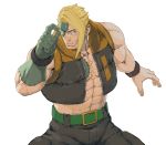  1boy belt black_pants blonde_hair blue_eyes capcom charlie_nash glasses jacket long_hair looking_at_viewer midriff muscle nt_(gun-ash) open_clothes open_jacket pants standing stitches street_fighter wristband 
