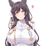  1girl animal_ears atago_(azur_lane) azur_lane black_hair breasts brown_eyes hair_ribbon hasu_(hk_works) heart large_breasts long_hair looking_at_viewer mole mole_under_eye ribbon simple_background smile solo upper_body white_background white_ribbon 